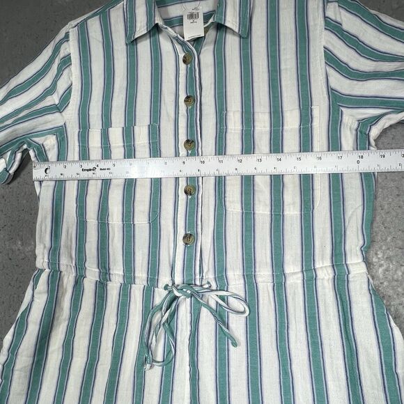 Old Navy Womens PM  Romper Blue Stripe Gauze Cinch Pockets 100% Cotton Button - Picture 7 of 14